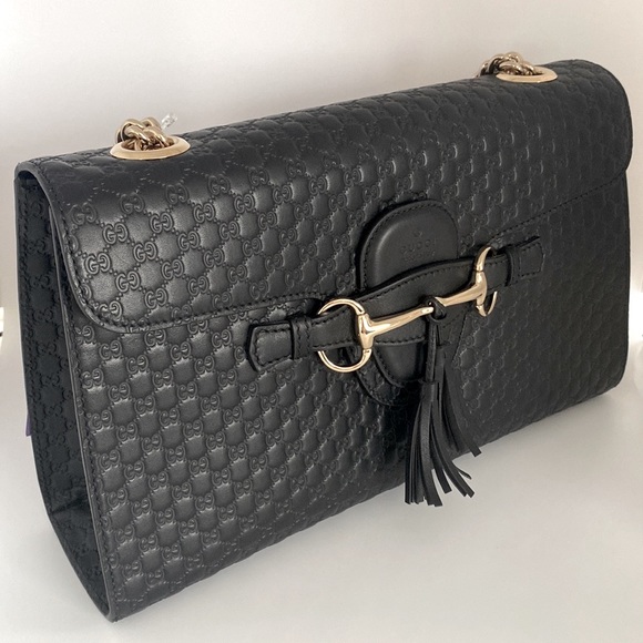 Gucci Emily Guccissima GG Logo Black Leather Shoulder Bag New - Picture 13 of 17